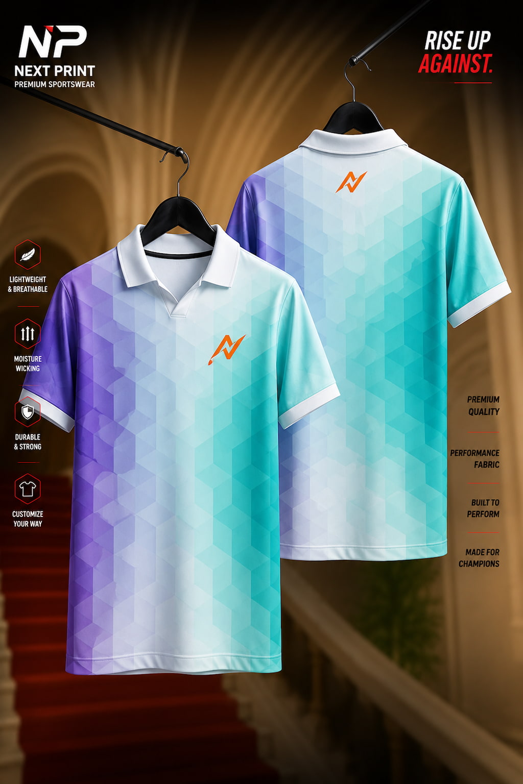 Front and back view of the Next Print Arctic Fusion polo cricket jersey featuring an aqua, white, and purple geometric hexagon design with premium performance fabric.
