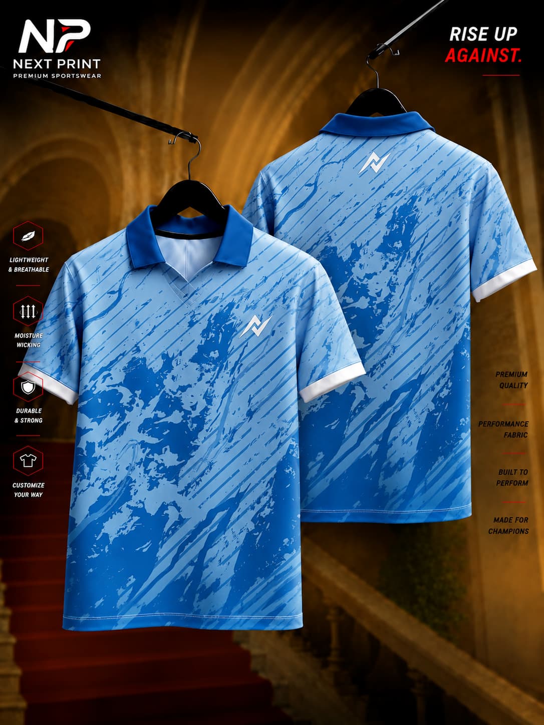 Next Print Arctic Storm Polo Collar Performance Jersey featuring an icy blue abstract brush-stroke pattern with front and back views.