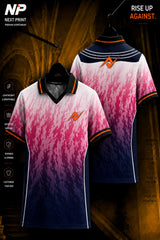 White, pink, and navy blue gradient polo cricket jersey featuring abstract flame-inspired graphics with front and back views.
