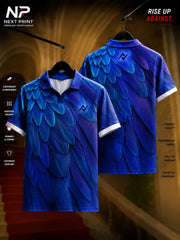Blue feather pattern polo collar sports jersey featuring premium dry-fit fabric with front and back views by Next Print.