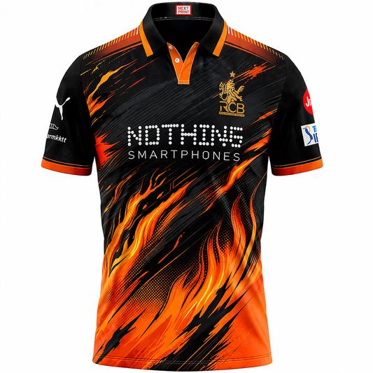 Next Print Black Orange Flame Cricket Jersey RCB Style – Custom Name & Number Sublimation Sports T-Shirt India