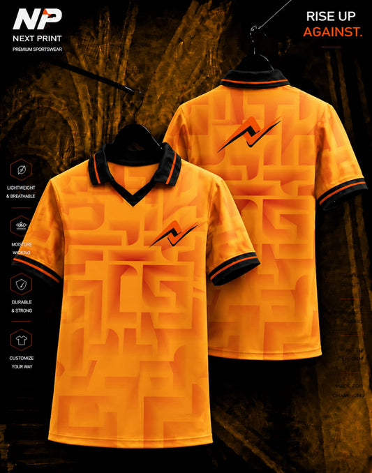 Next Print Blaze Orange Premium Sublimation Polo Jersey Front and Back View with Geometric Pattern