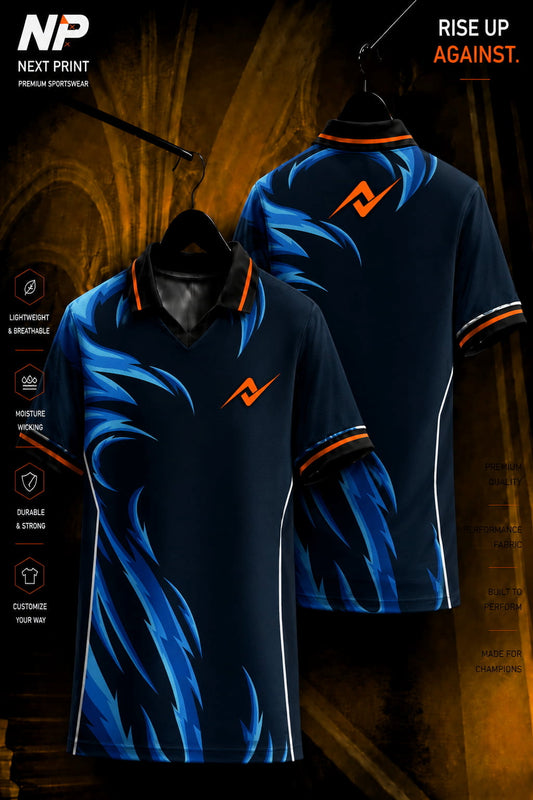Next Print premium navy blue flame sublimation polo jersey front and back mockup with custom logo