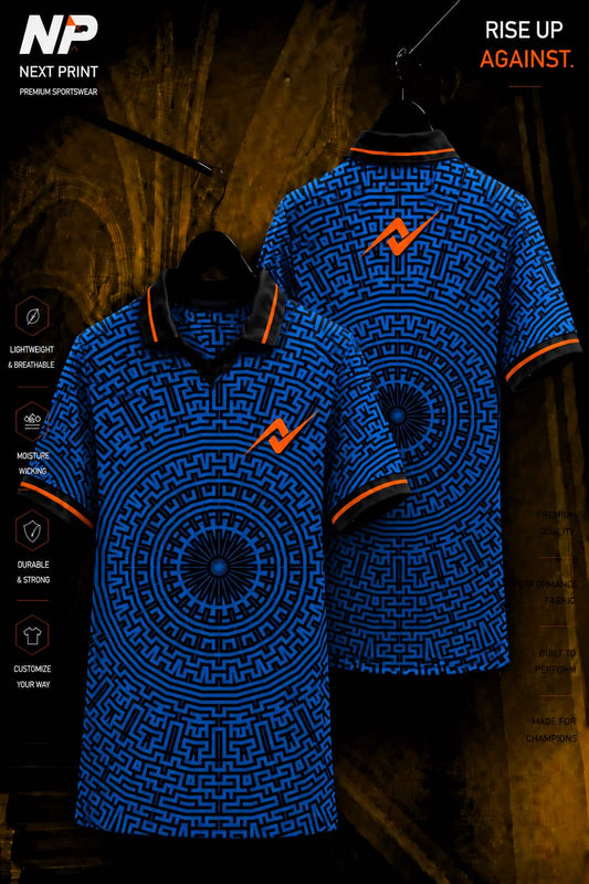 Next Print Blue Maze Performance Polo Jersey front and back premium custom sublimation sports jersey with orange logo.