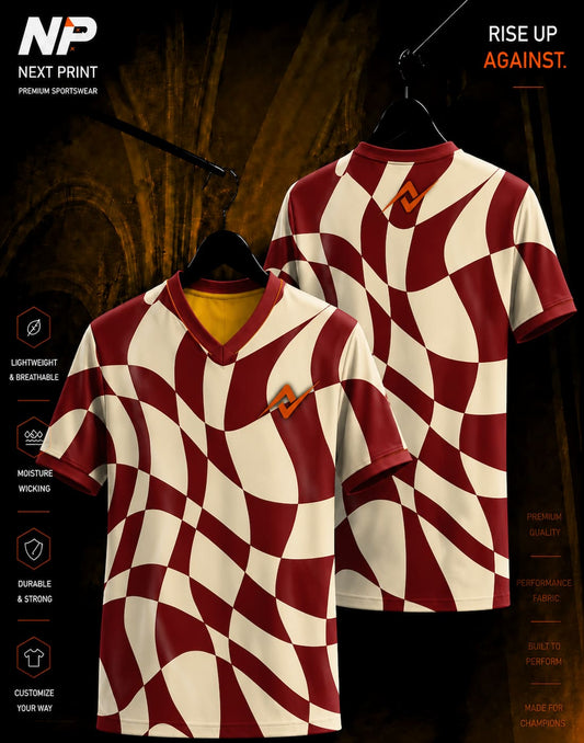 Front and back view of Next Print Burgundy Wave Check custom V-neck sublimation sports jersey with premium performance fabric and custom logo.