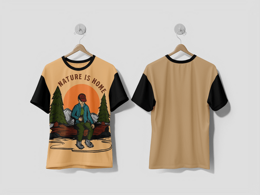 Next Print Camping concept art Flat style illustration of beautiful landscape lake mountains forest tent Printed T-shirt - Next Print