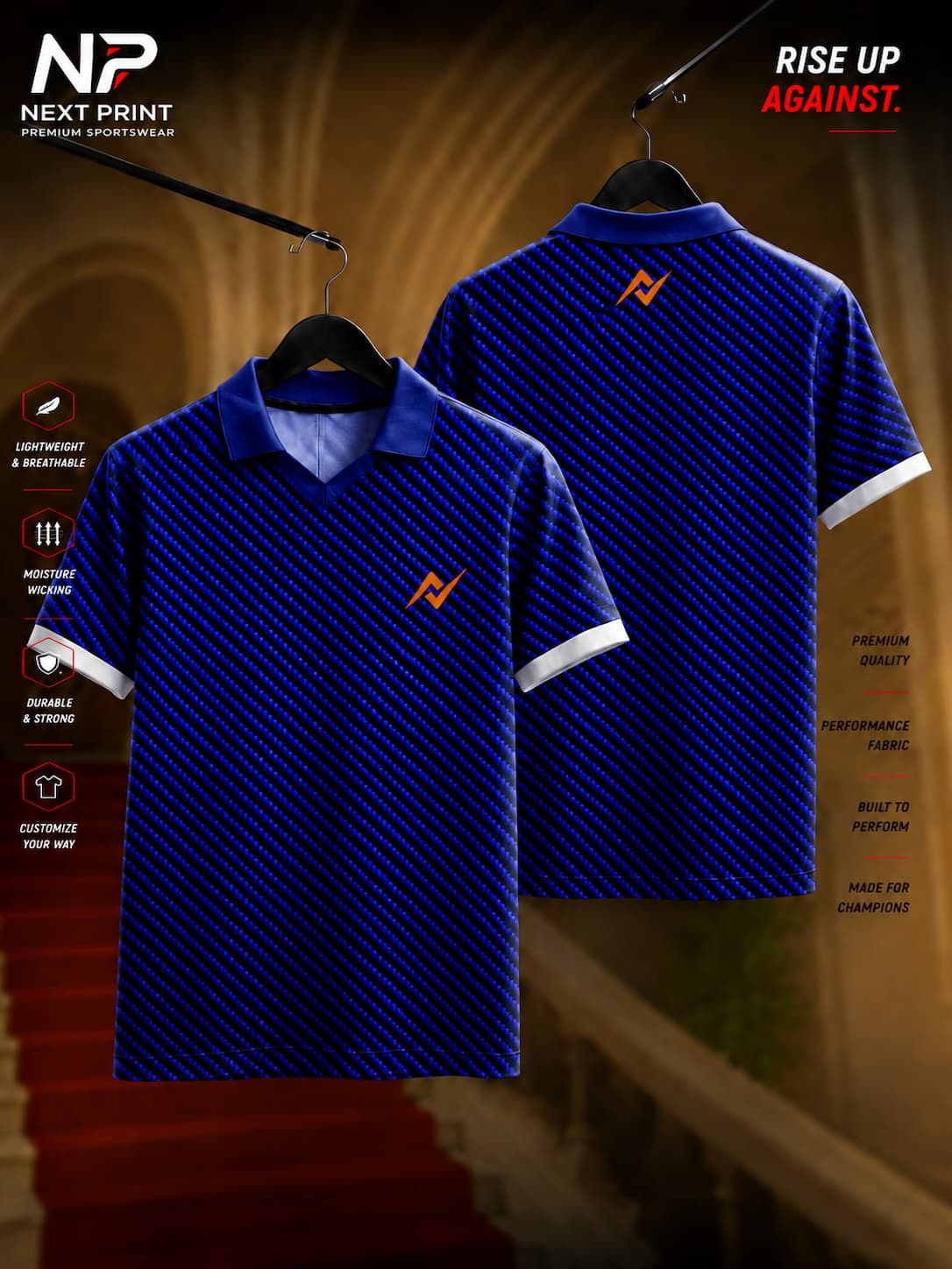 Royal blue polo collar dry-fit sports jersey featuring a carbon fiber diagonal weave pattern with front and back views by Next Print.
