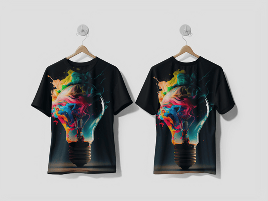 NEXT PRINT Creative light bulb abstract on glowing blue background generative AI Design printed t-shirt - Next Print