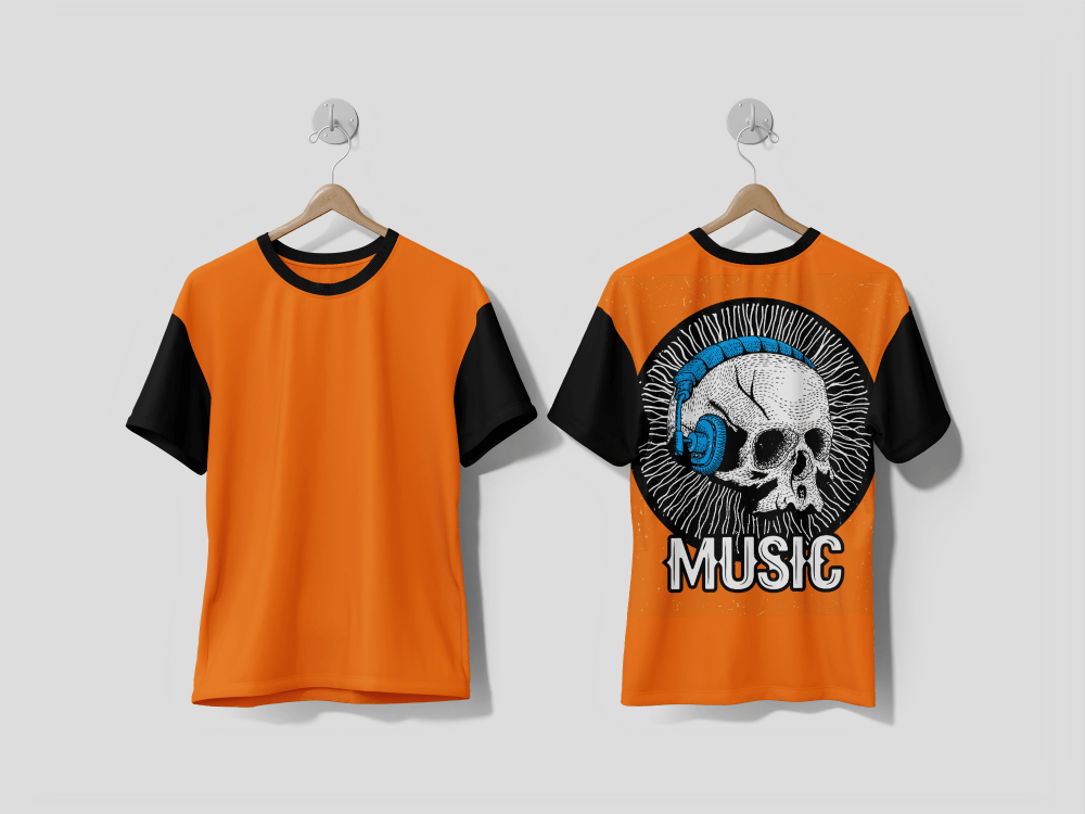 Next Print Creative Music Poster with funny skull in headphones on the orange illustration design Printed T-shirts - Next Print