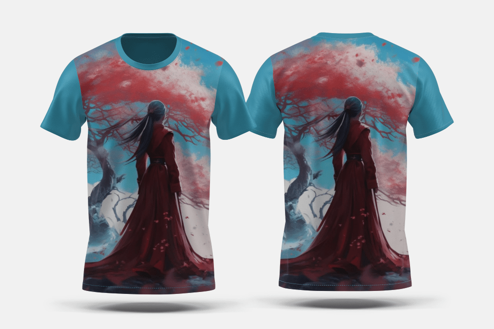 Next Print Crimson blooms under azure heavens Printed t-shirt - Next Print