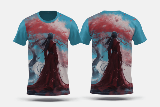 Next Print Crimson blooms under azure heavens Printed t-shirt - Next Print