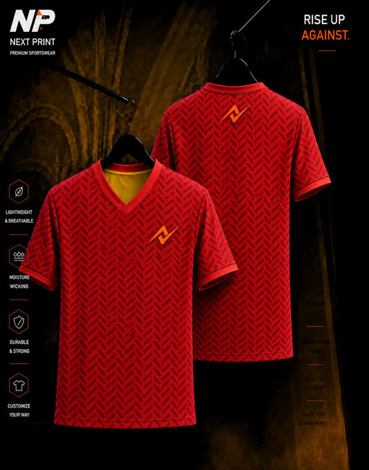 Front and back mockup of Next Print Crimson Chevron Performance V-Neck sublimation sports jersey in red with premium chevron pattern.