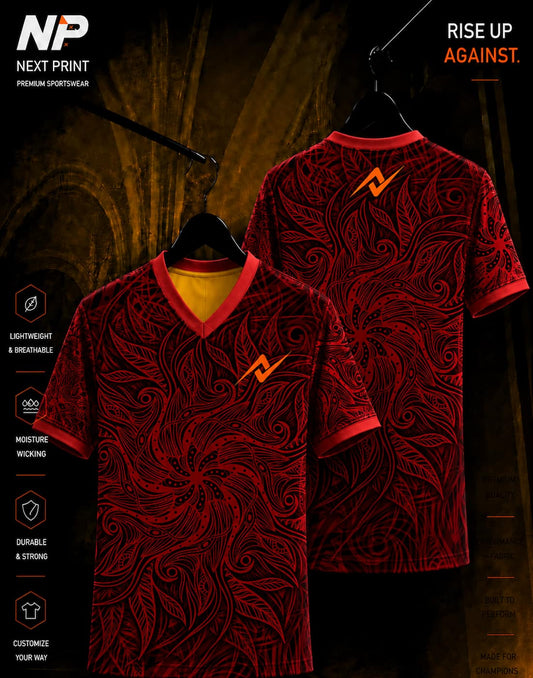 Next Print crimson floral red and black V-neck performance sports jersey front and back view