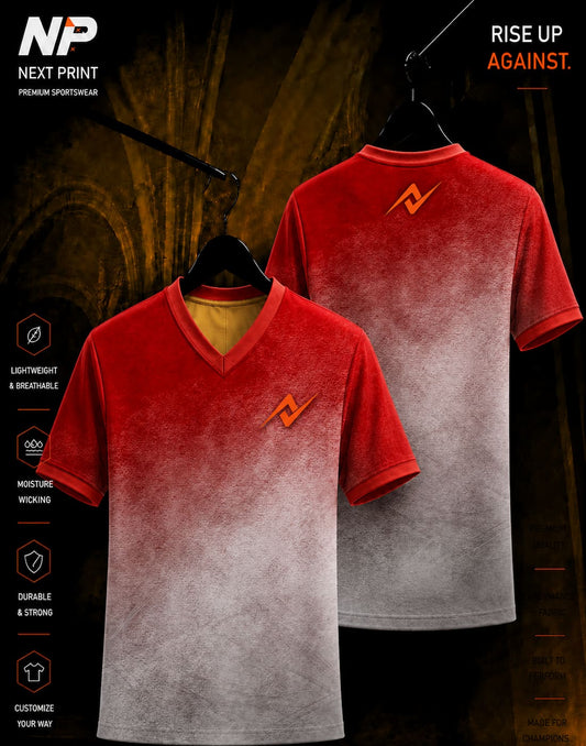 Front and back view of the Next Print Crimson Frost Gradient V-Neck custom sublimation sports jersey with orange logo and premium athletic design.