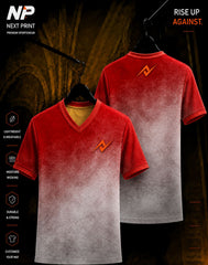 Front and back view of the Next Print Crimson Frost Gradient V-Neck custom sublimation sports jersey with orange logo and premium athletic design.