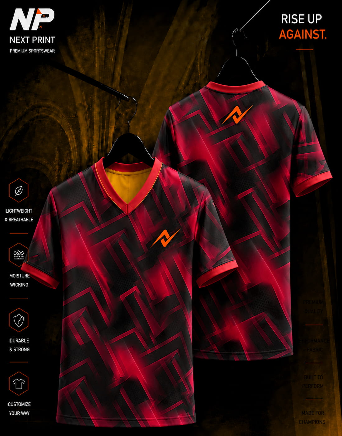 Front and back mockup of the Next Print Crimson Matrix Performance V-Neck sports jersey featuring a modern crimson and black geometric sublimation design.