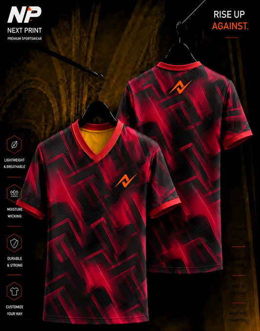 Front and back mockup of the Next Print Crimson Matrix Performance V-Neck sports jersey featuring a modern crimson and black geometric sublimation design.