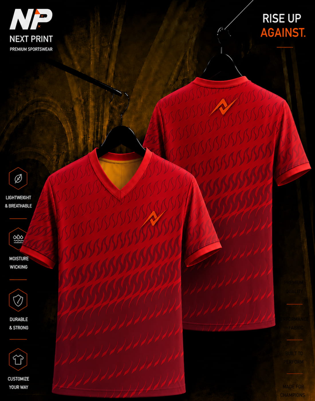 Front and back mockup of Next Print Crimson Wave Performance V-Neck sublimation sports jersey featuring a red wave pattern and premium athletic design.