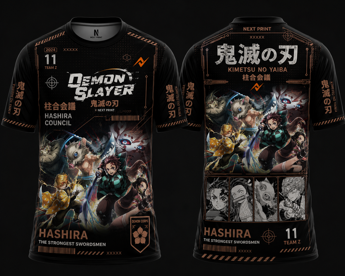 Demon Slayer Hashira anime jersey with black and brown design and orange Next Print logo