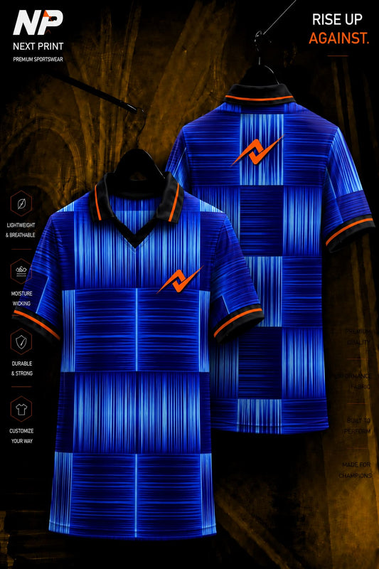 Front and back view of a premium electric blue checkered sublimation polo sports jersey with custom Next Print branding.