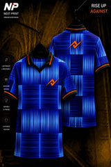 Front and back view of a premium electric blue checkered sublimation polo sports jersey with custom Next Print branding.