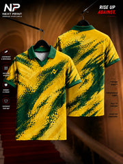 Front and back view of the Next Print Elite Splash Strike Polo Sports Jersey featuring a yellow and green abstract paint splash design with a polo V-neck collar.
