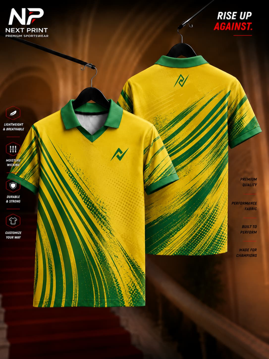 Front and back view of the Next Print Elite Velocity Curve Polo Sports Jersey featuring dynamic green curved stripe graphics on a yellow base with a polo V-neck collar.