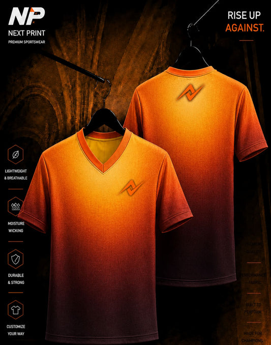 Next Print premium ember glow gradient orange and yellow V-neck esports jersey front and back mockup with custom logo.