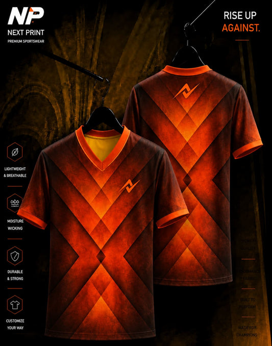 Front and back mockup of the Next Print Ember X Performance V-Neck sports jersey featuring a bold orange and charcoal geometric X sublimation design.