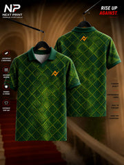 Front and back view of Next Print Emerald Scale polo collar sports jersey featuring a green textured geometric pattern with premium dry-fit fabric.