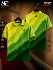 Front and back view of a green gradient brushstroke polo collar sports jersey with premium sublimation print and performance fabric.