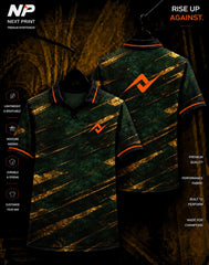 Next Print forest green and gold premium sublimation performance polo jersey featuring front and back views with custom sportswear design.