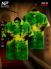 Green and lime abstract paint splash polo V-neck performance jersey with front and back views made from breathable dry-fit fabric.