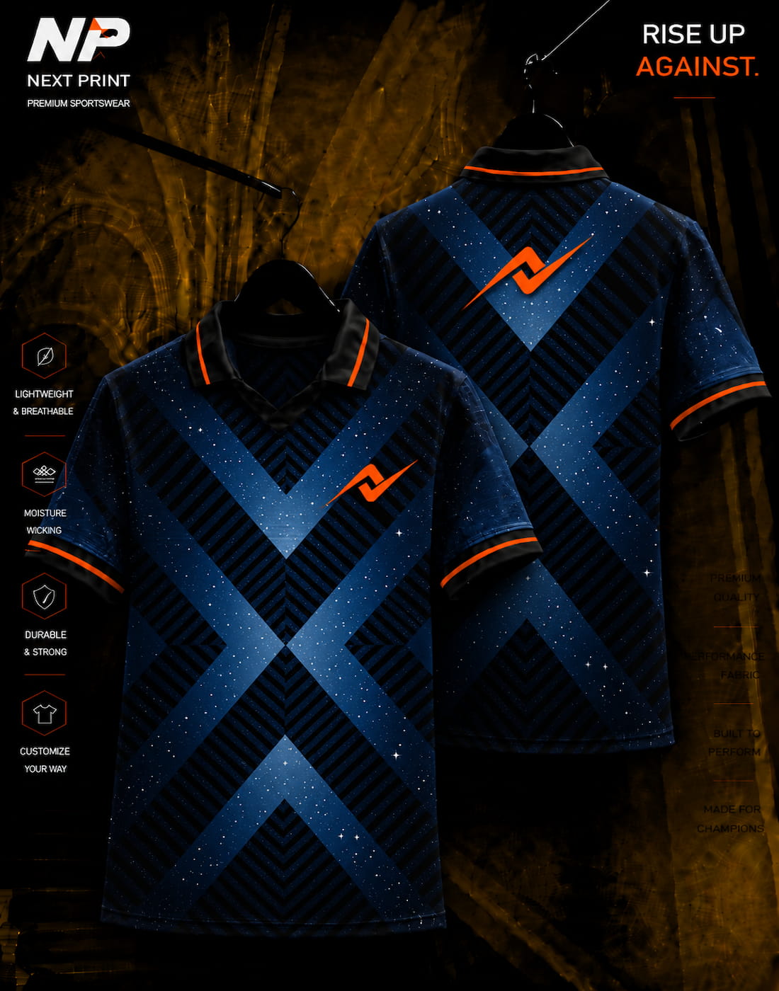 Premium navy blue Galaxy X sublimation polo jersey featuring geometric X graphics with front and back views and orange Next Print logo.