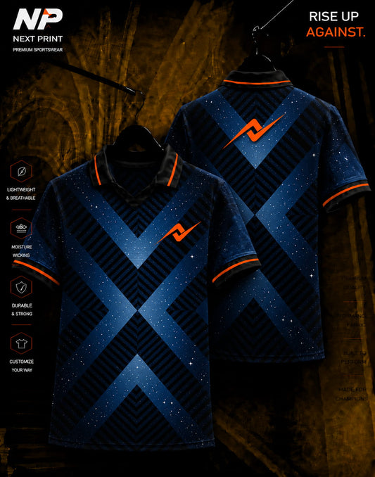 Premium navy blue Galaxy X sublimation polo jersey featuring geometric X graphics with front and back views and orange Next Print logo.