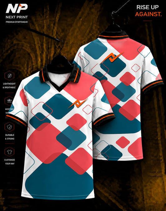 Next Print premium geometric square pattern sublimation polo sports jersey front and back mockup in coral teal colors