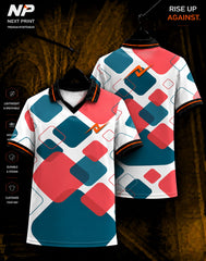 Next Print premium geometric square pattern sublimation polo sports jersey front and back mockup in coral teal colors