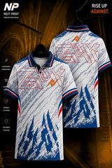 White and navy blue polo cricket jersey with abstract paint-splash graphics and geometric detailing shown in front and back views.