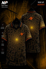 Next Print Golden Vortex Performance Polo Jersey front and back premium black custom sublimation sports jersey with orange logo.