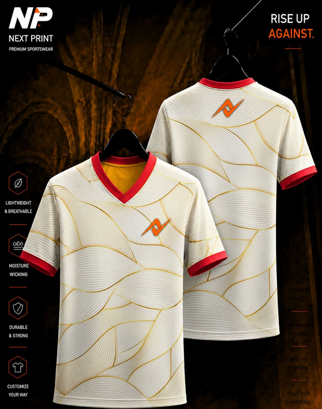 Front and back mockup of the Next Print Golden Wave V-Neck Performance Sports Jersey featuring an elegant white and gold flowing wave sublimation design with the Next Print logo.