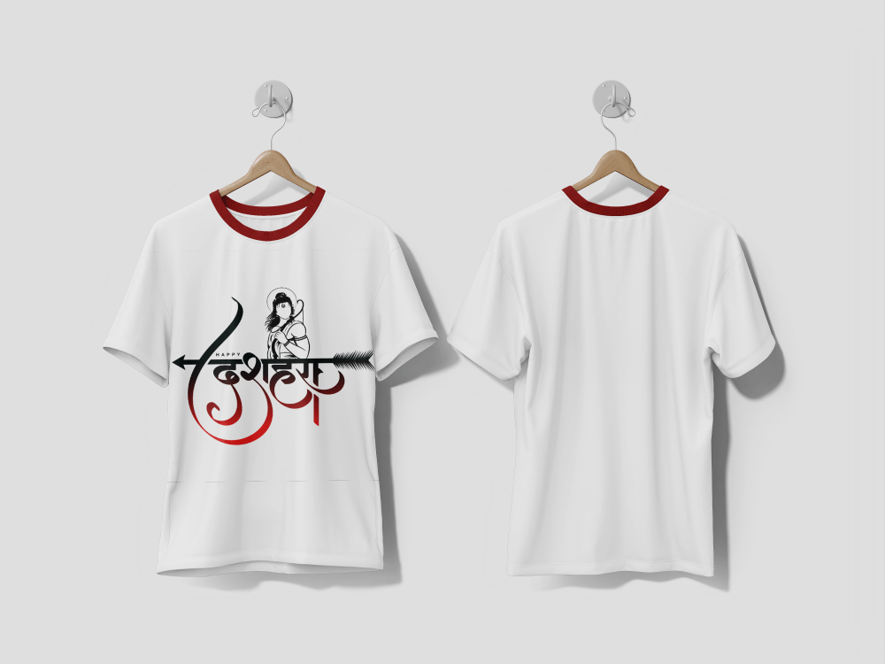 NEXT PRINT Happy dussehra greeting with modern hindi calligraphy and lord rama illustration design t-shirt - Next Print
