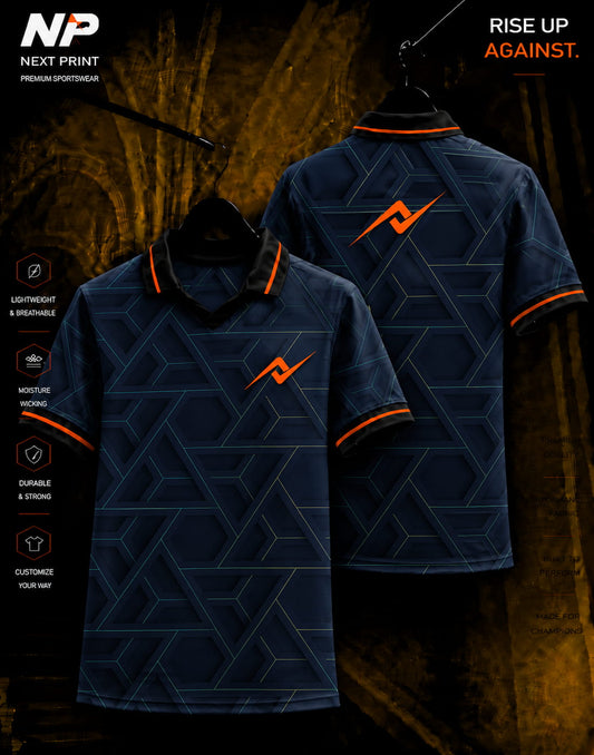 Premium navy blue geometric hexagon sublimation polo jersey featuring front and back views with orange Next Print logo and performance sportswear design.