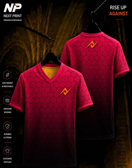 Front and back mockup of the Next Print HexaGrid Performance V-Neck sports jersey featuring a crimson-to-black honeycomb hexagon sublimation design.
