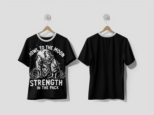 NEXT PRINT Howl to the Moon Wolf Pack Unity Black and White Illustration with Night Sky Design t-shirt - Next Print