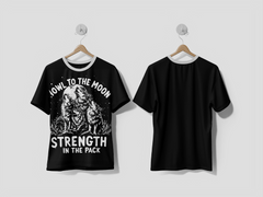 NEXT PRINT Howl to the Moon Wolf Pack Unity Black and White Illustration with Night Sky Design t-shirt - Next Print