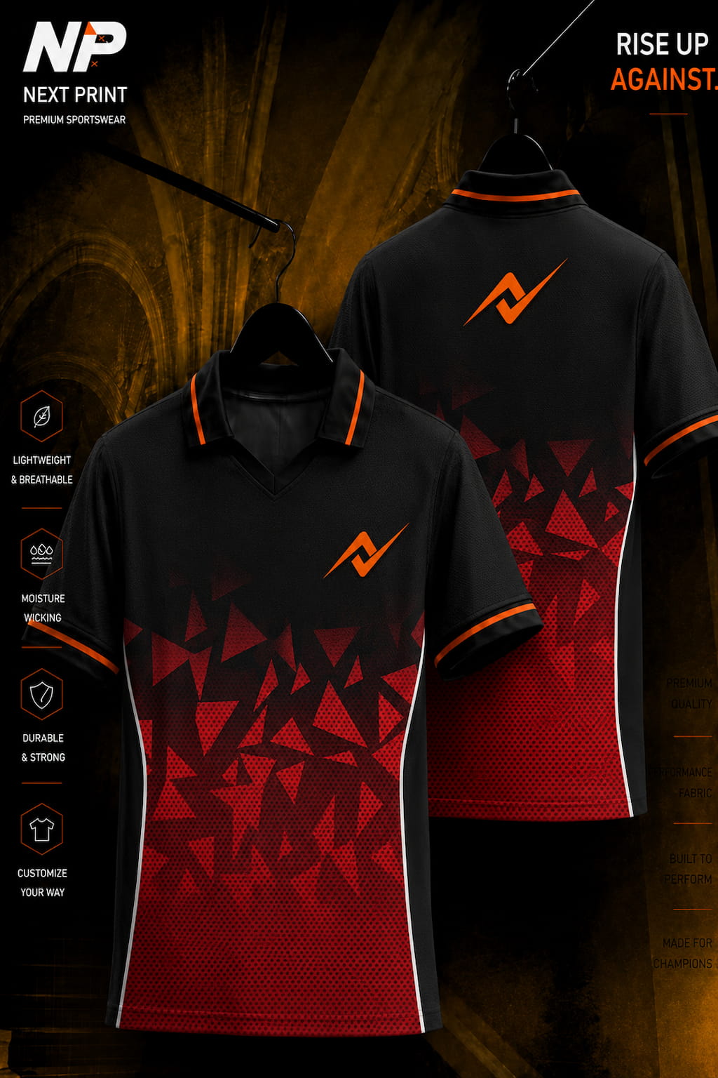 Black and crimson red polo cricket jersey featuring geometric prism graphics with front and back views.