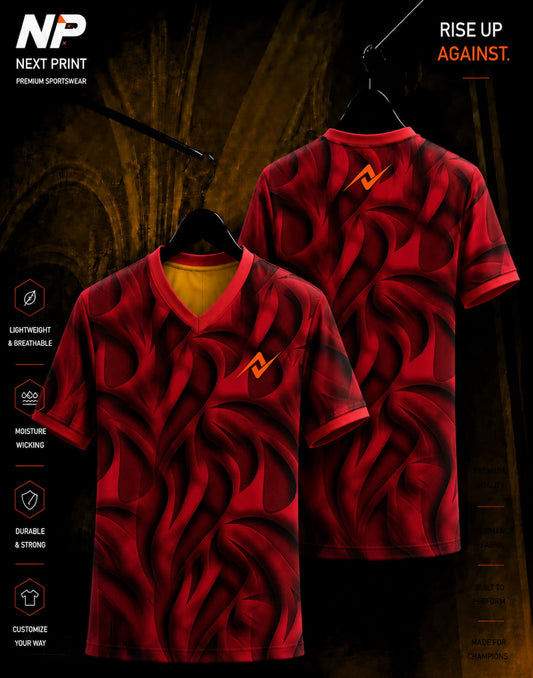 Front and back mockup of the Next Print Inferno Tribal Performance V-Neck sports jersey featuring a bold crimson and black tribal sublimation design.