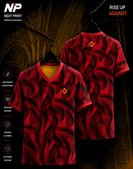 Front and back mockup of the Next Print Inferno Tribal Performance V-Neck sports jersey featuring a bold crimson and black tribal sublimation design.