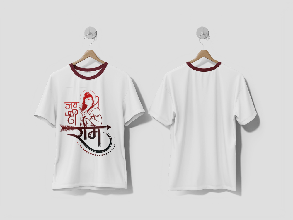 NEXT PRINT Jai shree ram hindi calligraphy with lord rama illustration and bow arrow design t-shirt - Next Print