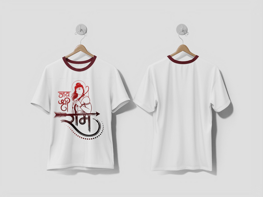NEXT PRINT Jai shree ram hindi calligraphy with lord rama illustration and bow arrow design t-shirt - Next Print